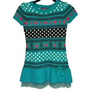 Forever Me Girls  Teal Knit Dress Hearts & Diamonds Size 6